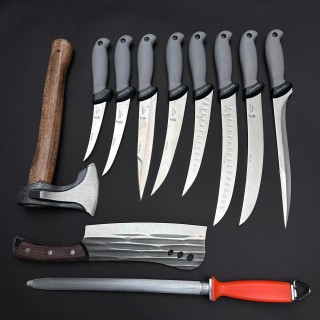 Set macelarie maner silicon SLNG 11 piese, Toporisca 34cm, Satar 33cm si 8 cutite otel inox + pila ascutit, gri