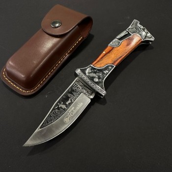 Cutit camping briceag Columbia KB3188 24cm, lama otel inox, maner metal+lemn, cu husa, maro