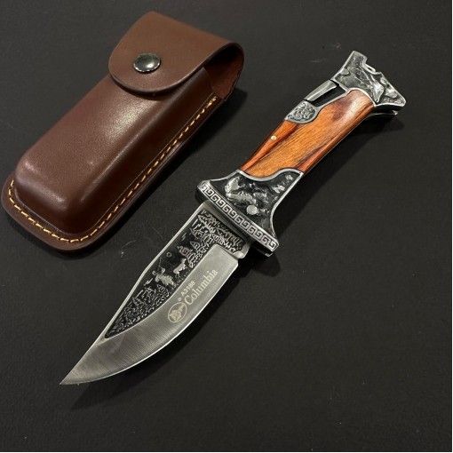 Cutit camping briceag Columbia KB3188 24cm, lama otel inox, maner metal+lemn, cu husa, maro