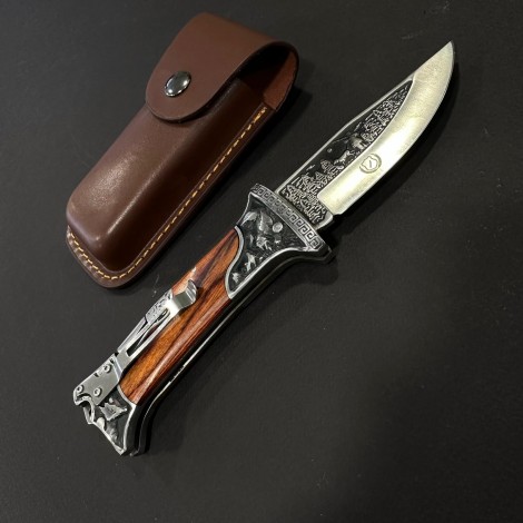 Cutit camping briceag Columbia KB3188 24cm, lama otel inox, maner metal+lemn, cu husa, maro