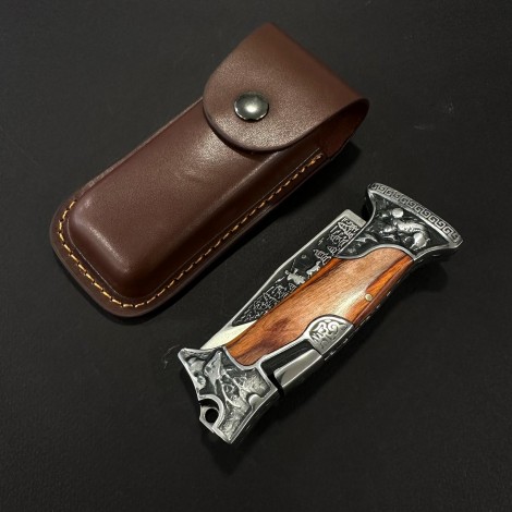 Cutit camping briceag Columbia KB3188 24cm, lama otel inox, maner metal+lemn, cu husa, maro