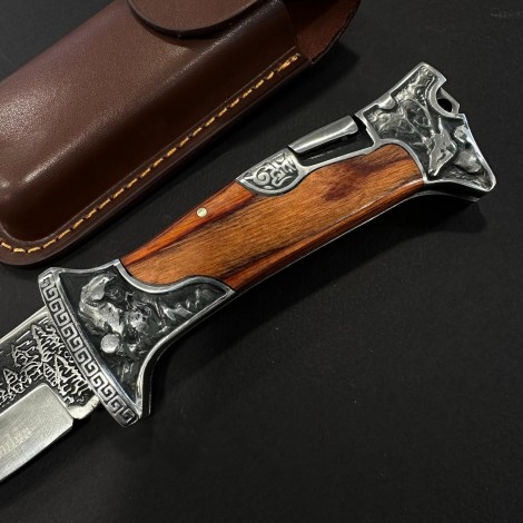 Cutit camping briceag Columbia KB3188 24cm, lama otel inox, maner metal+lemn, cu husa, maro