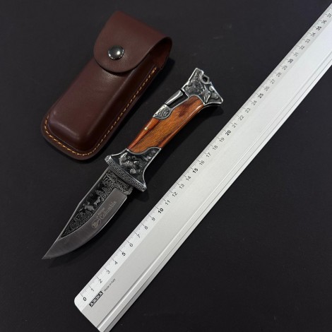 Cutit camping briceag Columbia KB3188 24cm, lama otel inox, maner metal+lemn, cu husa, maro