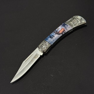 Cuțit briceag camping Anima Cerb 19cm, lama otel inox, mâner imprimeu, ANIM-CRB19BRW