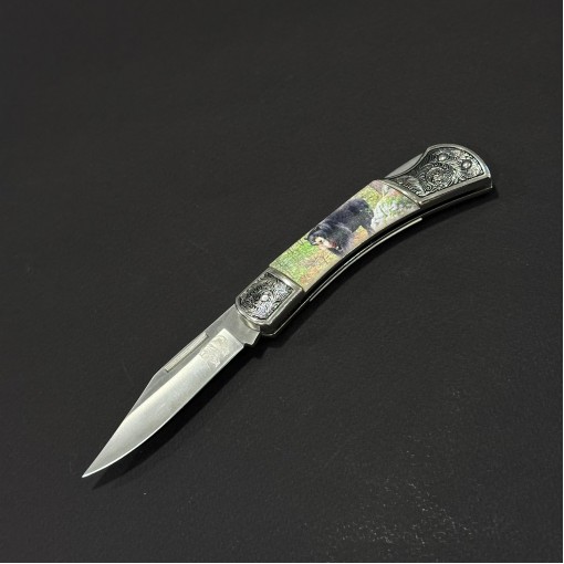 Cuțit briceag camping Anima Urs Negru 19cm, lama otel inox, mâner imprimeu, ANIM-URS19BLK