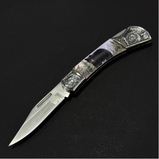 Cuțit briceag camping Anima Urs negru 2 19cm, lama otel inox, mâner imprimeu, ANIM-URS19BLK2