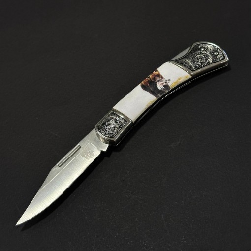 Cuțit briceag camping Anima Urs si pasare 19cm, lama otel inox, mâner imprimeu, ANIM-URS19BRWP