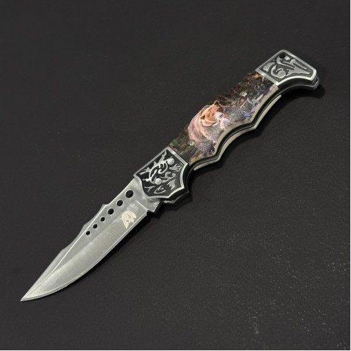 Cuțit briceag camping Anima Urs 21cm, lama otel inox, mâner imprimeu, husa, ANIM-URS21BRW