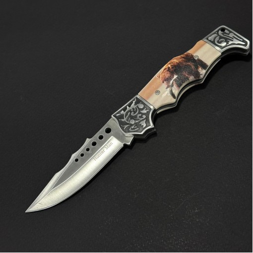 Cuțit briceag camping Anima Urs si Peste 21cm, lama otel inox, mâner imprimeu, husa, ANIM-URS21FSH