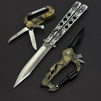Set 3 piese Briceag Balisong 28cm BAL-28FGRD, 2x Briceag multifuncțional camping cu carabinier, ideal camping si drumeție