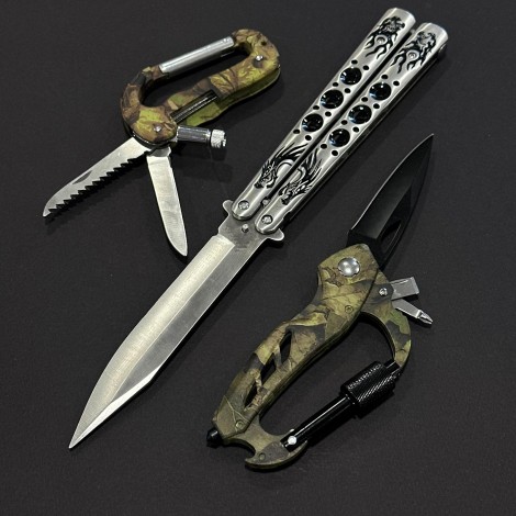 Set 3 piese Briceag Balisong 28cm BAL-28FGRD, 2x Briceag multifuncțional camping cu carabinier, ideal camping si drumeție