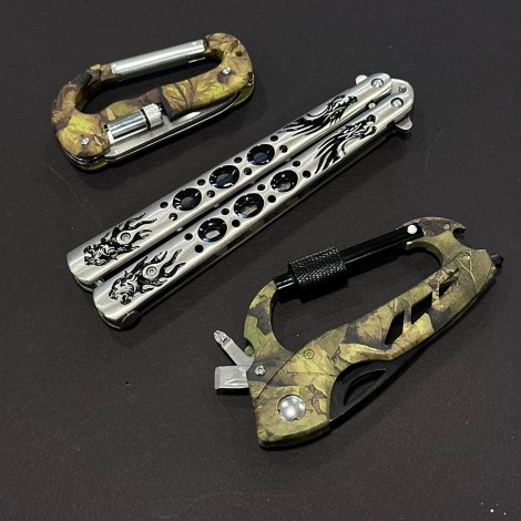 Set 3 piese Briceag Balisong 28cm BAL-28FGRD, 2x Briceag multifuncțional camping cu carabinier, ideal camping si drumeție