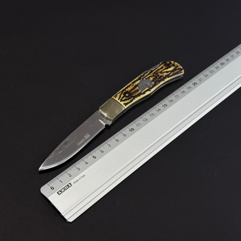 Cutit briceag camping și drumetie Doggy silver 19cm, lama otel inox, maner corn cerb, husa, BRCC-19DGS